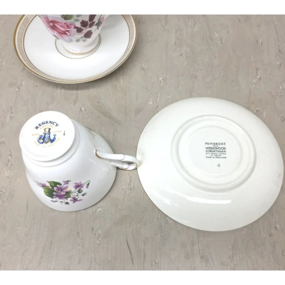Mismatch Vtg Tea Set for 2 English Bone China Violets Roses Floral Cottagecore